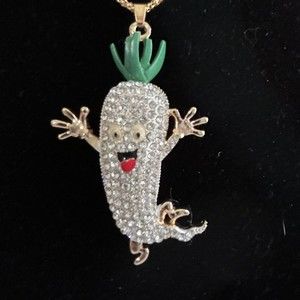 Whimsical Cucumber Vegetable Enamel and Crystal Necklace Fashion